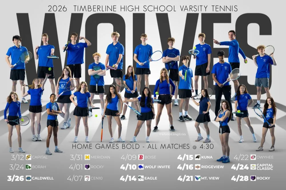 Timberline High School varsity tennis schedule poster with layered giant type Boise Idaho
