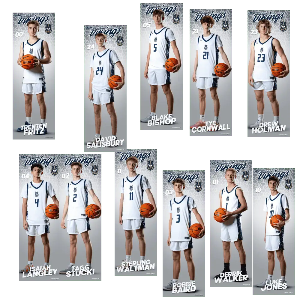 Row of custom basketball senior banners at high school gymnasium Meridian Idaho