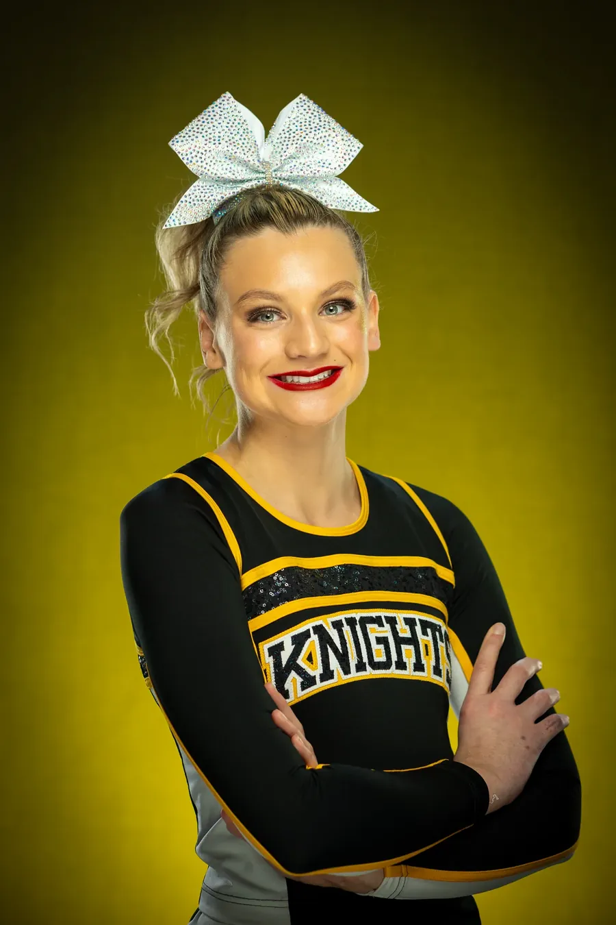 Bishop Kelly Knights cheerleader portrait, Treasure Valley Cheer Invitational