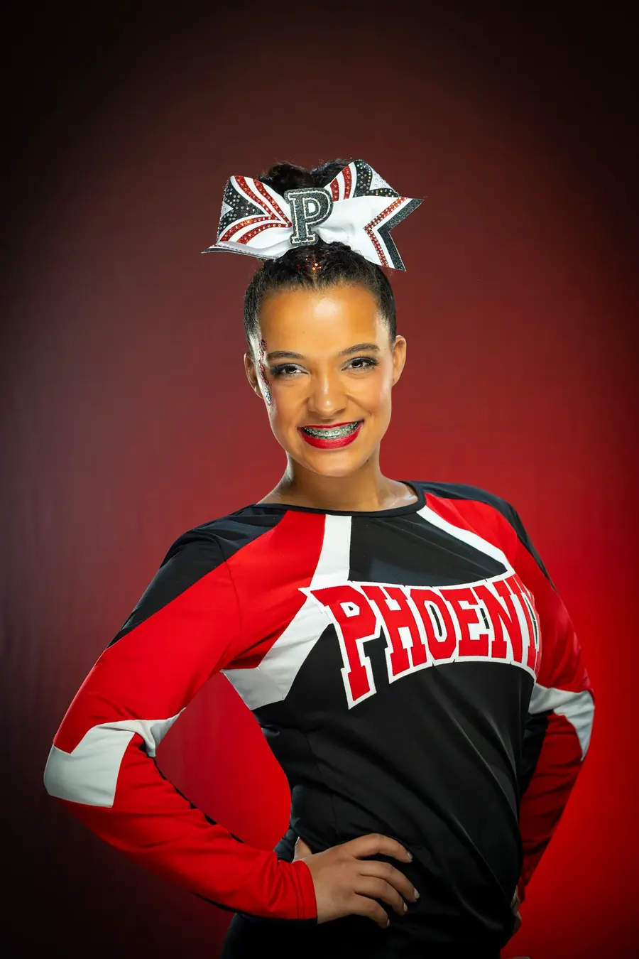Phoenix competitive cheerleader portrait, Treasure Valley Cheer Invitational Idaho
