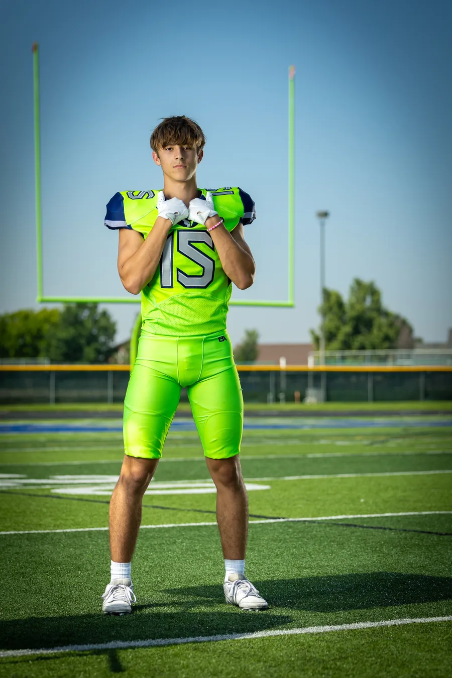 Mountain View High School football player portrait on field Meridian Idaho
