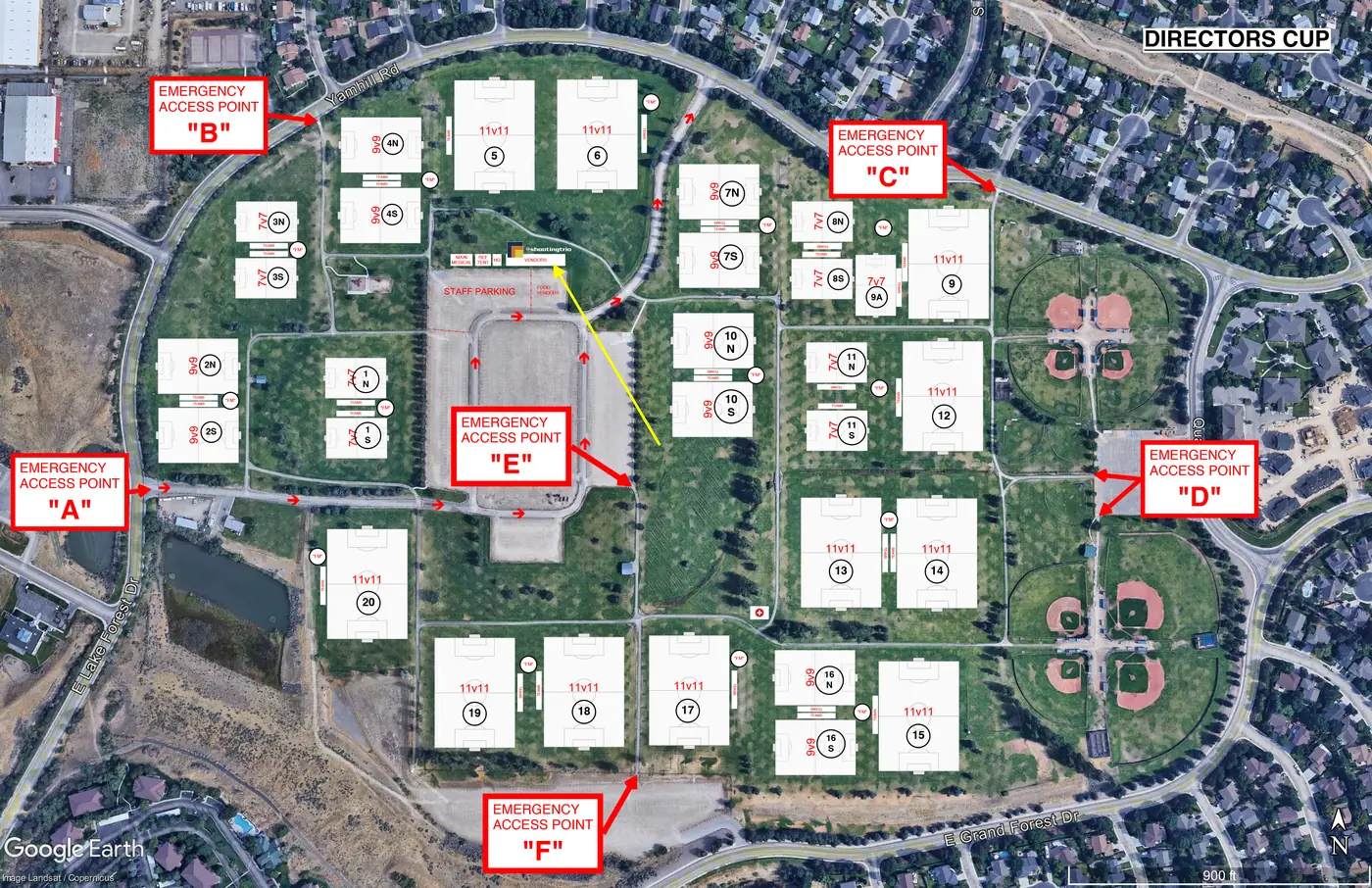 Field map of the IYSA Director's Cup at Simplot Sports Complex, Boise — Shooting Trio vendor tent marked.